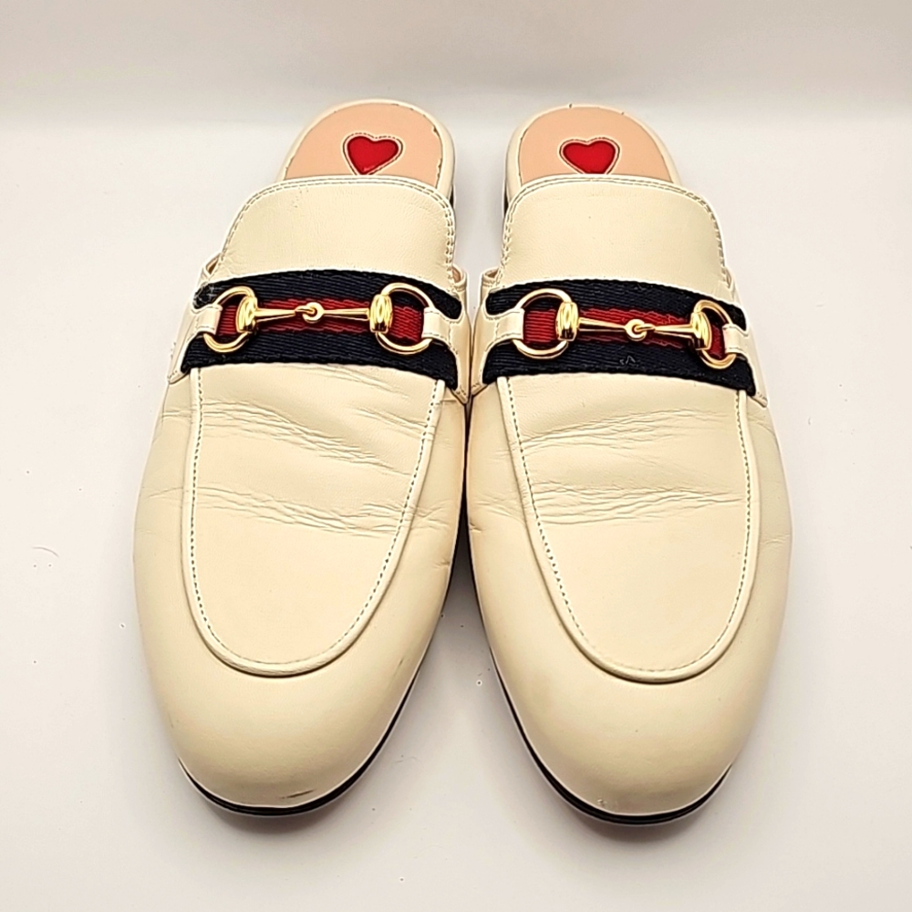 Gucci Cream Leather Horsebit Mule Flats with Navy & Red Web
